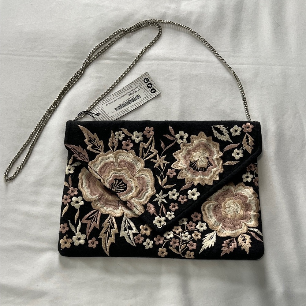 Boohoo Darcy Boutique Floral Embroidered Cloth Bag with Chain Strap